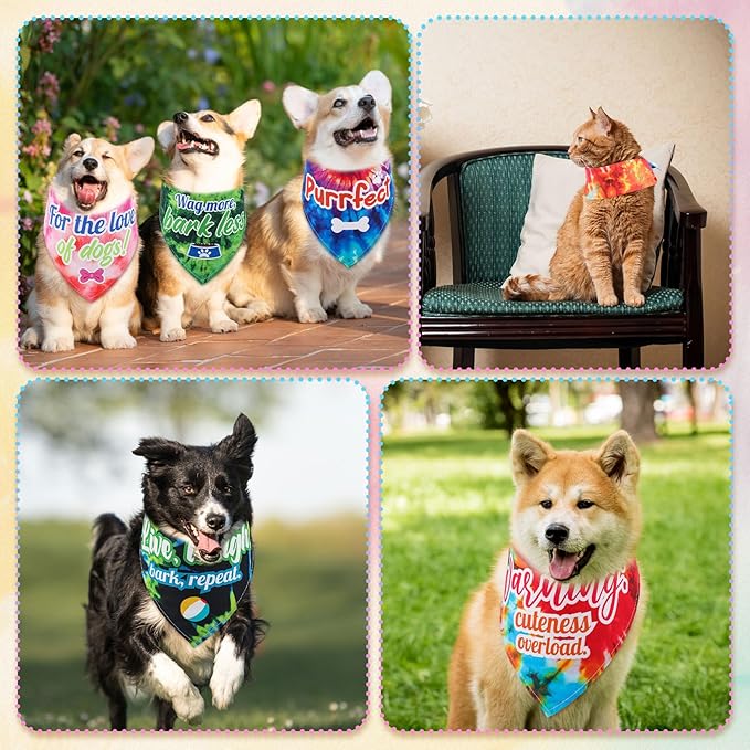 Sweetude 100 Pcs Tie Dye Dog Bandanas Bulk with Sayings Pet Triangle Scarf Bibs Washable Puppy Kerchief Adjustable Grooming Supplies for Small Medium Large Dog Cat Costume Accessories