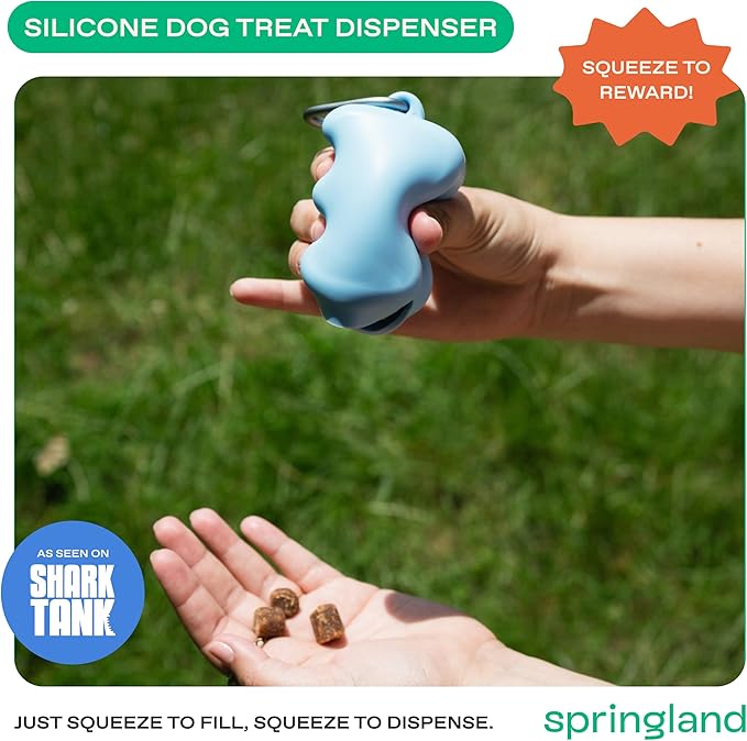 Springer Dog Treat Pouch for Effort-Free Squeeze Dispensing - Easy-Fill, Food-Grade Silicone Treat Pouches for Pet Training - Includes Carabiner-Sky Blue
