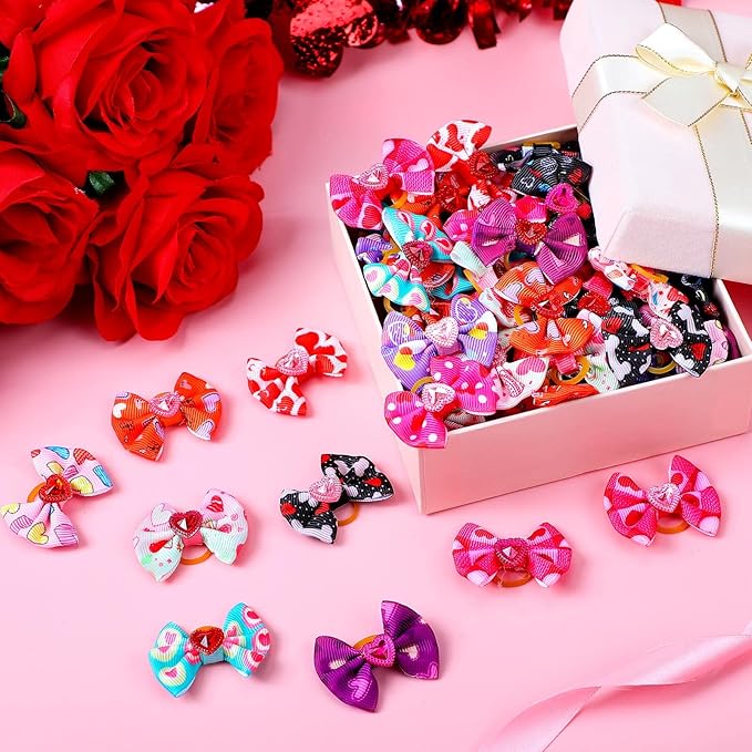 Tondiamo 100 Pack Valentine's Day Hair Bows with Rubber Bands Heart Pattern Puppy Bows for Dogs Spring Ear Rhinestone Pet Hair Grooming Accessories for Small Girl Cats