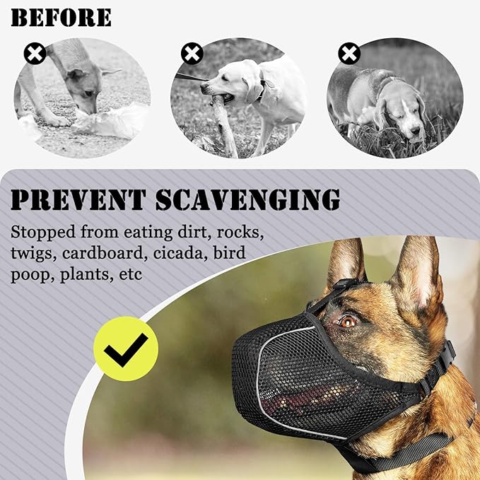 Mayerzon Dog Muzzle, Patented Mesh Soft Muzzles for Large Medium Small Dogs Poodle Husky Doberman Labrador Retriever for Scavenging Grooming Biting Chewing, Breathable Reflective Mussel with Collar