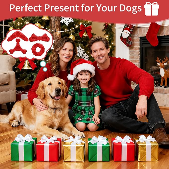 Dog Toys 4 Pack for Aggressive Chewers, Multifunctional Teeth Cleaning and Gum Massage for Puppy, Chew Toys with Natural Rubber for Small and Medium Dog(Red)