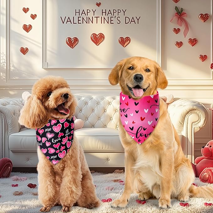 Dog Valentines Bandana Small 3PCS, 6 Pattern Sweetheart Scarf for Boy and Girl, Red Pink Black Triangle Reversible Love Bibs Breed for Puppy Pets
