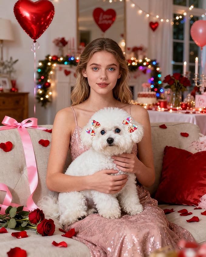 PET SHOW 20 Pack Valentines Dog Hair Bows with Alligator Clips for Small Medium Dogs Bowknot Hair Clips Cat Puppy Yorkshire Grooming Hair Accessories Rose Red Pink for Party Costumes