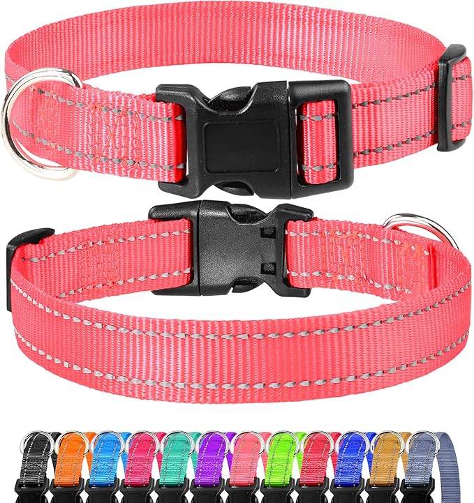 FunTags Reflective Dog Collar, Sturdy Nylon Collars for Puppy and Extra Small Girl and Boy Dogs, Adjustable Dog Collar with Quick Release Buckle,Neon Pink,5/8" Width