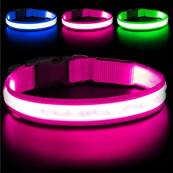 Light Up Dog Collar – Reflective, Adjustable & Rechargeable Electronic Glow Pet Collars – Bright, Comfortable, High Visibility LED Dog Collar for Night Safety, Outdoor Walk, Flashing Fun, Pink, Medium