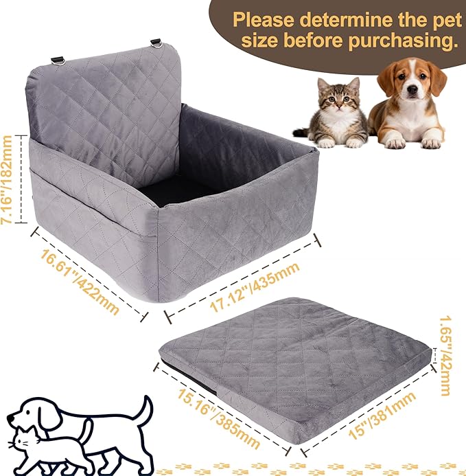 Dog Car Seat for Small Dogs Under 30 lbs, Memory Foam Booster Seat with Detachable Washable Cover, Travel-Safe Pet Car Bed with Safety Belts & Storage Pockets, Anti-Slip Bottom (Grey)