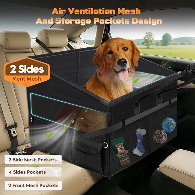 Large Dog Car Seat with Detachable Fleece Cover Summer & Winter | Backseat | Dog Car Seats for 2-3 Small | Medium | Large Dogs | Mesh Windows | Storage Pockets | Travel