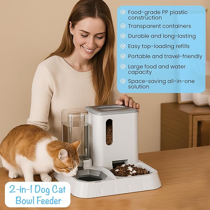 Automatic Pet Feeder & Water Dispenser – 2-in-1 Large Gravity Dog & Cat Food Feeder Water Bowl – Easy to Clean, No Power Needed – Durable, Non-Slip, Indoor/Outdoor Pet Station (Grey)