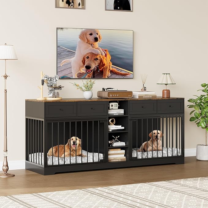 IDEALHOUSE 82" Large Dog Crate for 2 Dogs, Dog Kennel Indoor with 4 Drawers and Shelves, Double Dog Crate Furniture TV Stand, Wooden Dog Cage for Medium Large Dogs, Black