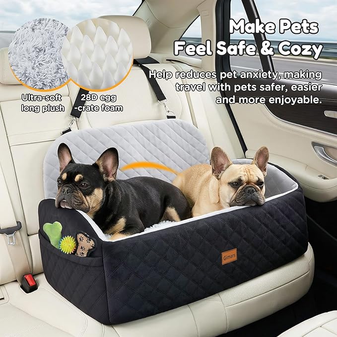 Gimars Reversible Dog Car Seat with Long & Short Plush Seat Cushion for Small/Medium Dogs Up to 60lbs, Detachable Washable Anti-Slip Dog Booster Seat with 5.1'' 28D Egg-Crate Foam, Safety Belt, L