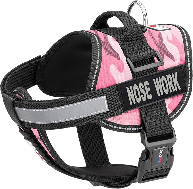 Dogline Unimax Dog Harness Vest with Nose Work Patches Adjustable Straps Breathable Neoprene for Identification Training Dogs Girth 22 to 30 in Pink Camo