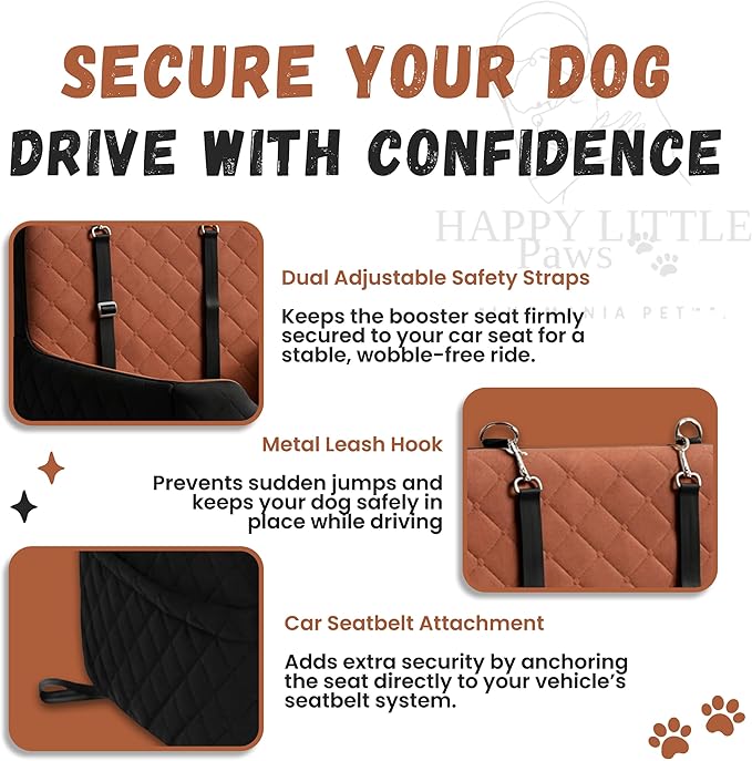 Dog Car Seat Booster for Small Dogs – Thick Cushion Elevated Travel Seat with Safety Straps, Reinforced Frame, Fits Cars & SUVs (Up to 35 lbs)