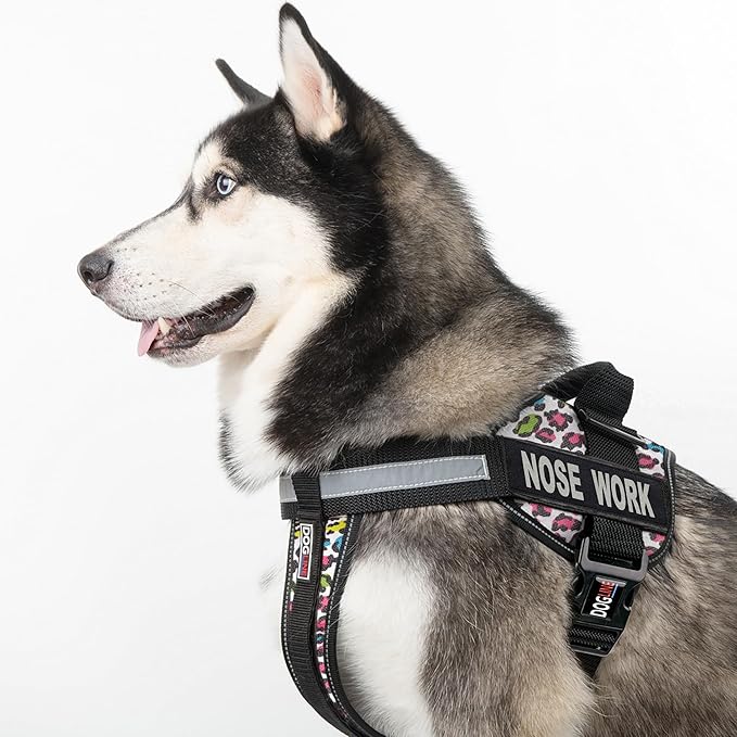 Dogline Unimax Dog Harness Vest with Nose Work Patches Reflective No-Pull, Adjustable Straps, Breathable Neoprene for Medical, Service, Identification, Training Dogs Girth 18 to 25" Leopard Multicolor