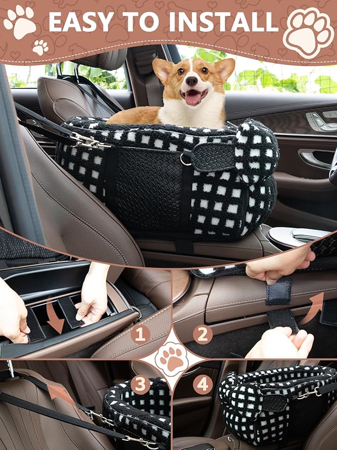 Portable Dog & Cat Car Seat - Under 13 lbs, With Cozy Bow Neck Pillow (Grid-Black)