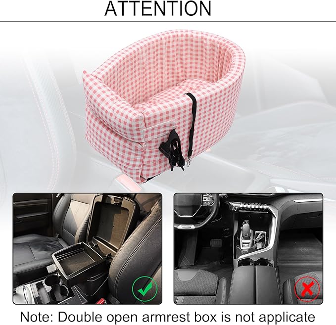 X AUTOHAUX Plaid Style Dog Car Seat Adjustable Straps for Medium Small Sized Puppy Cat Seat Pets Soft Non Slip Bottom Travel Bed Pink White