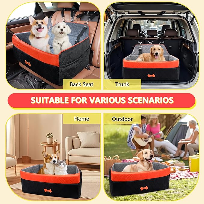 PetsHome Dog Car Seat for Medium Large Dogs, Detachable Washable Dog Booster Seat with Memory Foam Cushion, Side Pockets, 2 Clip-On Safety Leashes Pet Car Seat for Dogs Up to 60 lbs-Black