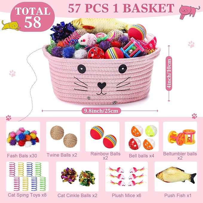 Zopeal 58 Pcs Cat Storage Basket Gift Toys Set, Colorful Flashing Balls Pet Bell Crinkle Balls Spring Toys Attract Cat to Swat, Hunt, Interactive for Pet(Pink,9.8 Inch)