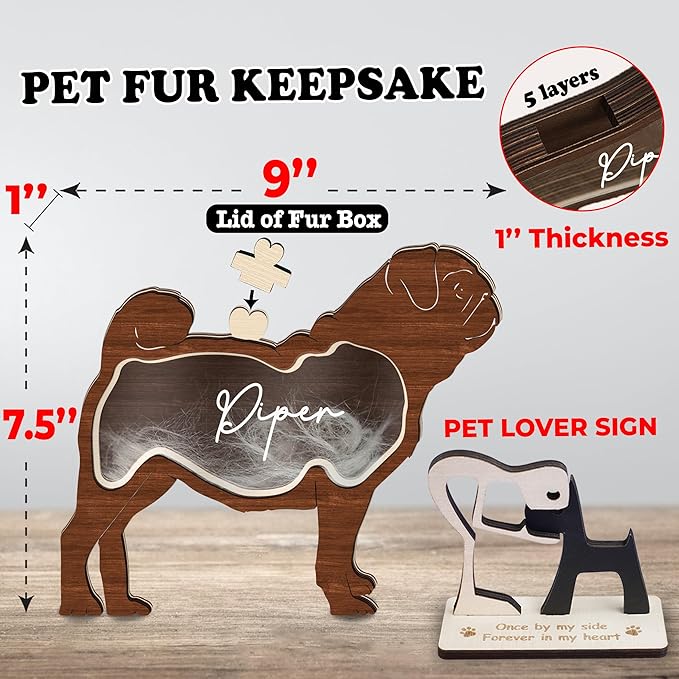 Pug Hair Keepsake Box Wooden Fur Holder for Pug Unique Dog Shape Standable Tabletop Decoration Pet Dog Memorial Idea Gift for Pet Lover Family Friends Storing Hair Teeth Ashes PSD6-21L