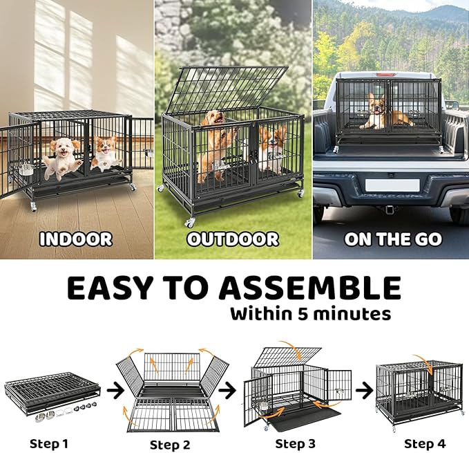 Homey Pet 2 Pack Three Tiers 43 inch Stackable Heavy Duty Dog Crate with Wheels, Indestructible Steel Dog Cage Kennel Indoor with Detachable Divider, Trays, Feeding Bowls, Escape Proof Locks