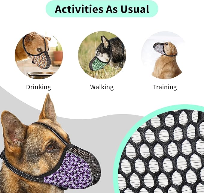 Dog Muzzle Medium Sized Dogs Anti Bite Bark Soft Air Mesh Muzzles Reflective Ajustable Full Coverage Dog Mouth Guard Cover for Grooming Scavenging Purple M