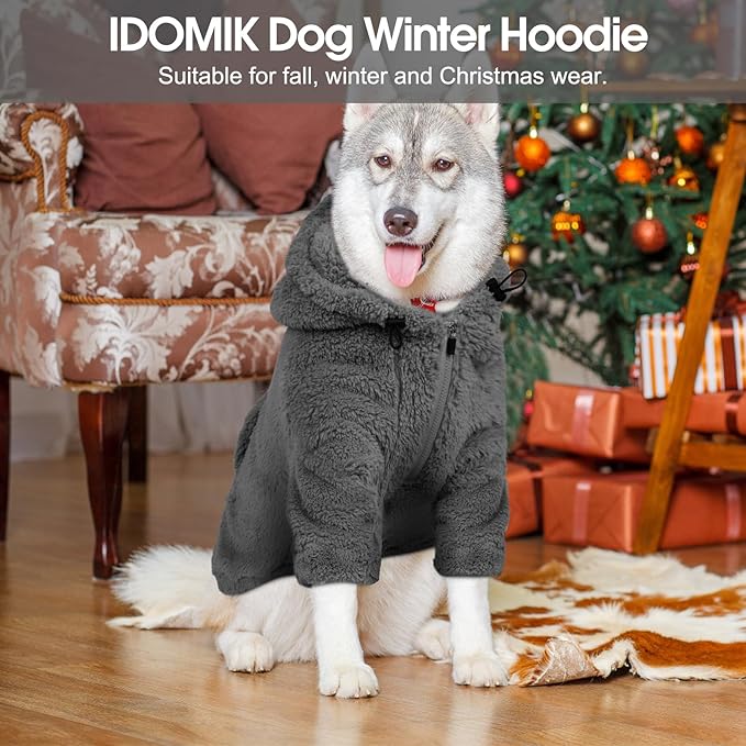 IDOMIK Fuzzy Dog Sweater with Adjustable Hood, Warm Fleece Dog Sweater Hoodie with Harness Hole & Pocket, Pullover Sweaters for Small Dogs, Fuzzy Hooded Sweatshirt for Fall Winter Christmas,Grey,S