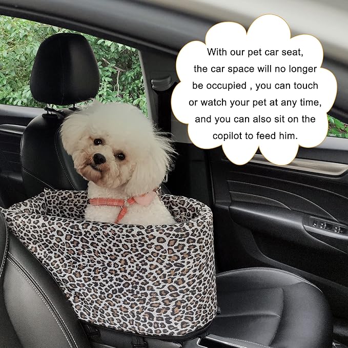 Pet Safety Booster Seat, Center Console Car Seat for Small Dogs Cats, Puppy Armrest Booster Seat, Pet Washable Travel Armrests Bed Bag, Removable Dog Car Seat for Small Pets Up to 13 Lbs (Leopard)