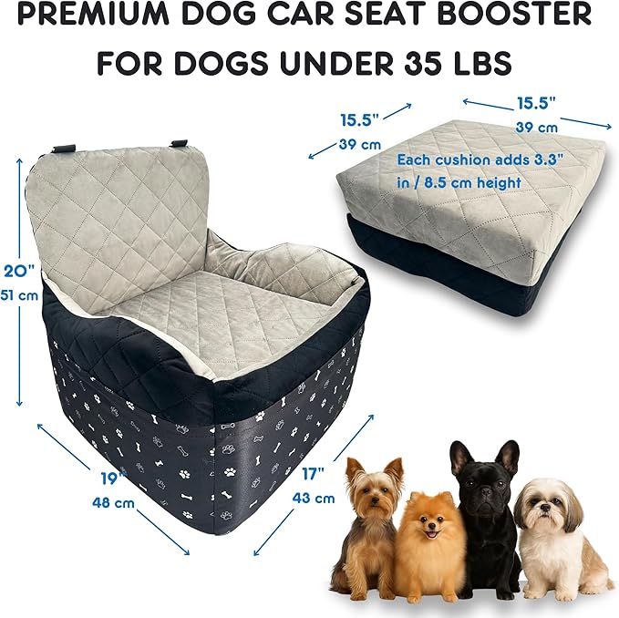 Small Dog Car Seat, Memory Foam Dog Booster Car Seats with Thick Cushion for Medium Dogs Under 35lbs, 3Storage Pockets with Zipper, 2 Safety Belts (Black, Regular)
