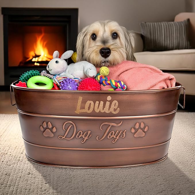 BREKX Personalized Metal Dog Toy Bin - Copper Galvanized Storage Bin with Handles, Basket for Pet Toys, Dog Toy Box, Pet Storage - Custom Dog Name Gift (Large)