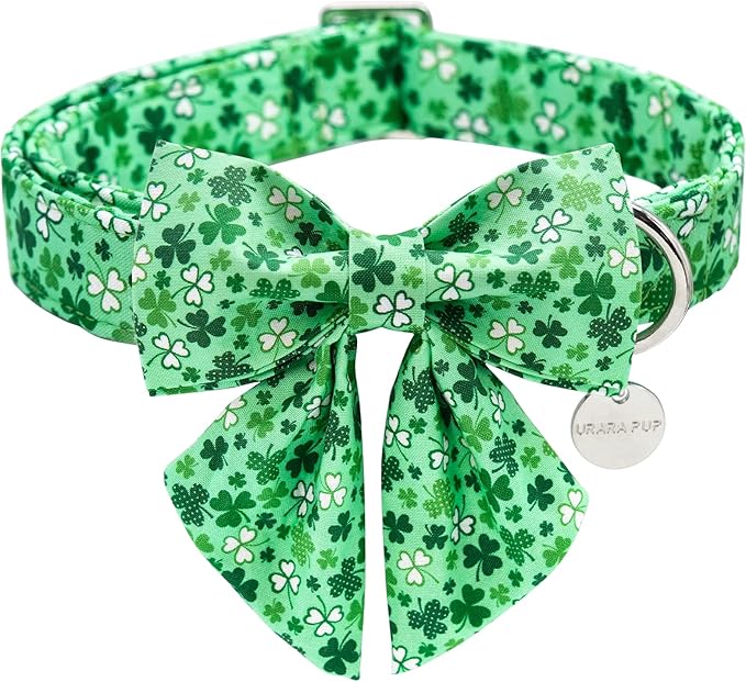 St. Patrick's Dog Collar with Bow Tie, Cotton St. Patrick's Bowtie Collar for Small Girl Boy Dog, Lucky Shamrock Dog Collar with Metal Buckle, Green, Spring, S