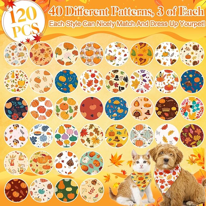 Amylove 120 Pcs Dog Bandanas Bulk Holiday Triangle Dog Pack Puppy Kerchief Bandana Adjustable Pet Scarf for Pet Cat Costume Accessories Decor(Turkey)