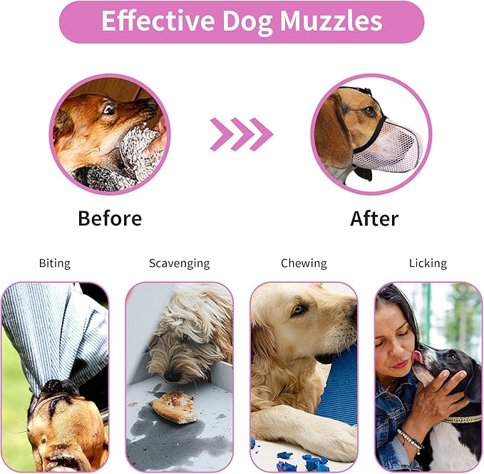 Dog Muzzle, Breathable Soft for Medium to Large Dogs to Anti & Prevent Barking Biting Chewing, Reflective & Adjustable Basket Muzzle with Air Mesh for Beagle Pink L