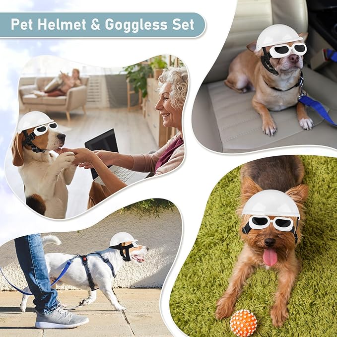 Frienda Dog Helmet and Goggles, UV Protection Doggy Sunglasses and 4 Inch Padded Puppy Motorcycle Helmet Adorable Dog Goggles with Adjustable Belt for Small Dogs Puppy Riding(White,M)