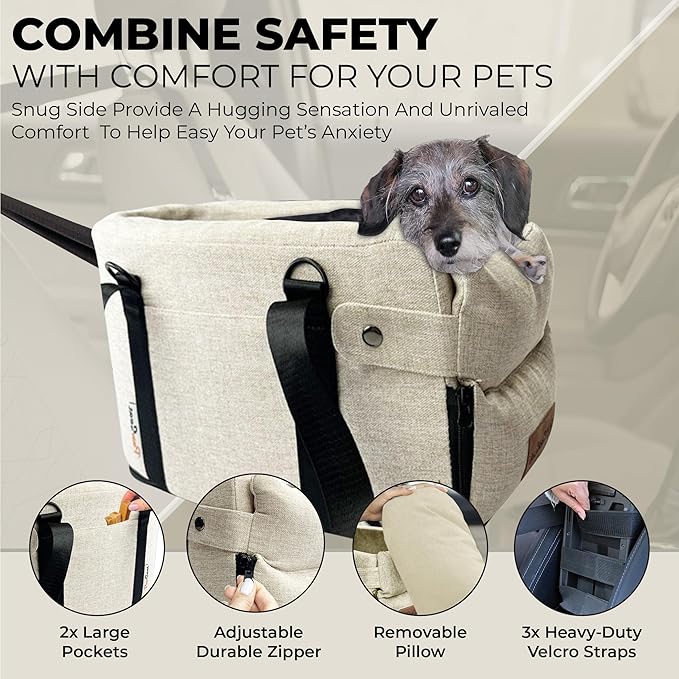 Center Console Dog Car Seat for Small Dogs and Puppies 5-13Lbs, Ideal Armrest Booster Car Travel Seat with Safety Protection Seat Belts, Storage Pockets - Reduces Anxiety