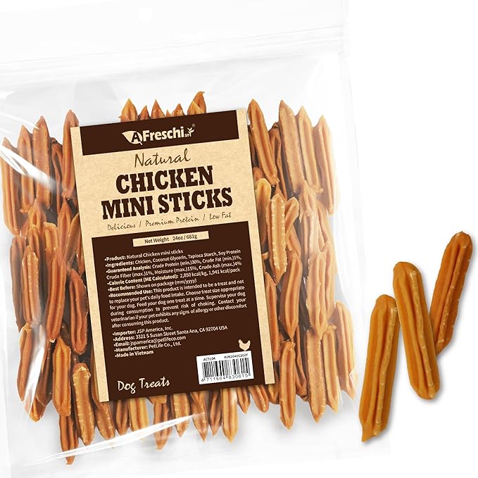Afreschi Chicken Dog Treats, All Natural, Healthy & Easily Digestible, Grain-Free Puppy Chews, Low-Fat, Human Grade Training & Rewards Dog Snacks, Mini Sticks, 24 oz Pack
