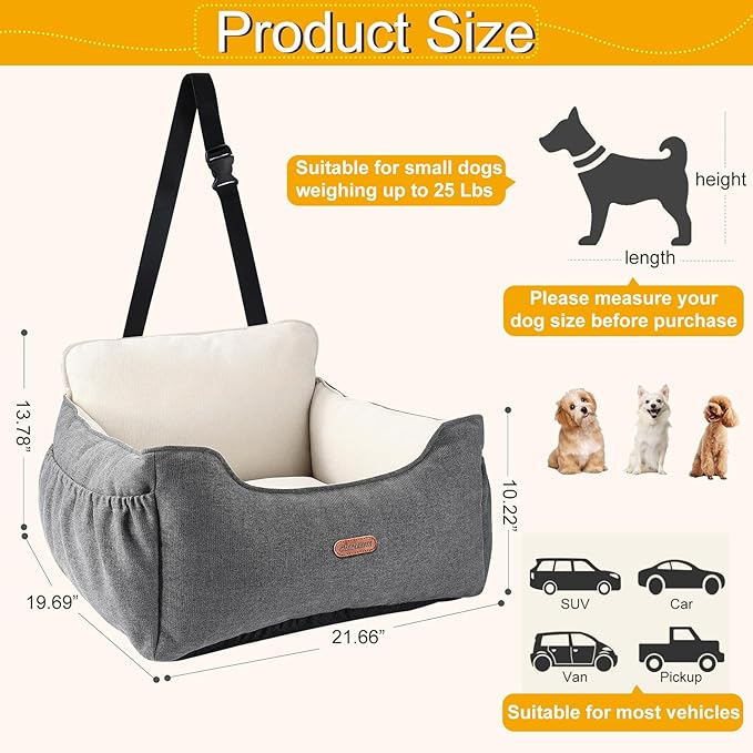 Dog Car Seat for Small Dogs Under 25Lbs, Portable Comfy Safe Puppy Car Seat Travel Bed with Storage Pockets, Fully Detachable Washable Dog Booster Carseats for Front & Back Seats, Gray
