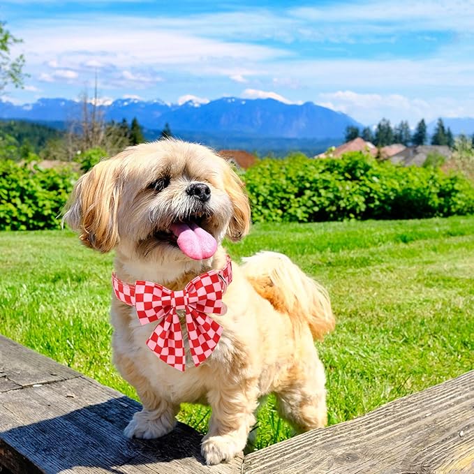 Red and Pink Plaid Dog Collarwith Bow Tie– Adjustable Red & Pink Checkered Dog Collar for Small Medium Large Dogs, Soft Xmas Plaid Puppy Collars with Quick Release Buckle XL