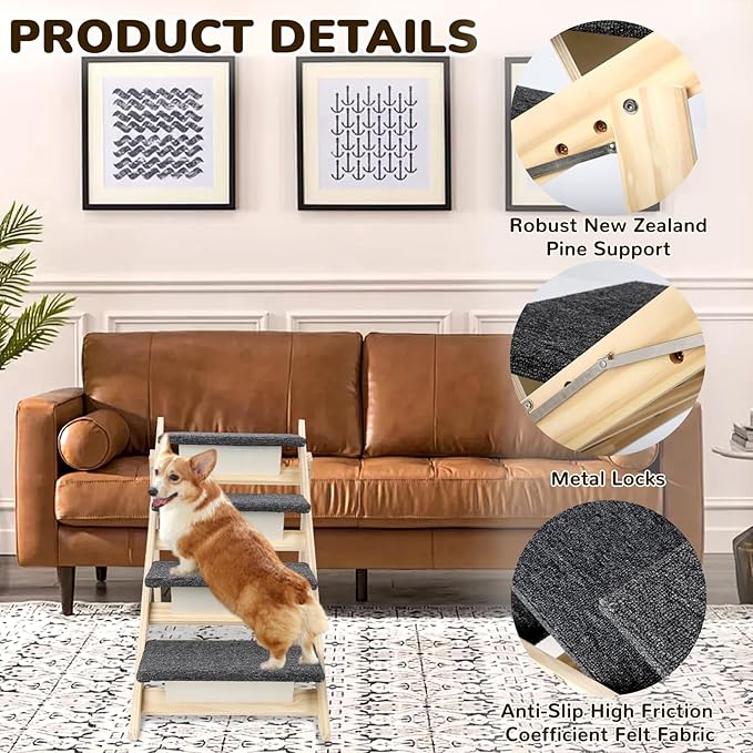 Foldable Dog Stair 2-in-1 with 4 Steps, New Zealand Pine Frame and Non-Slip Carpet Suitable for High Beds, Car,Couch, Durable Wooden Pet Stairs for Small Medium and Large Dogs, No Assembly Required