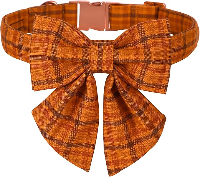 Maca Bates Fall Pumpkin Plaid Dog Collar with Sailor Bow Tie for Small Girl,Boy,Autumn Checkered Puppy Collars with Bowtie,Halloween Gingham Print Adjustable Breakaway Soft for Male Female Dogs