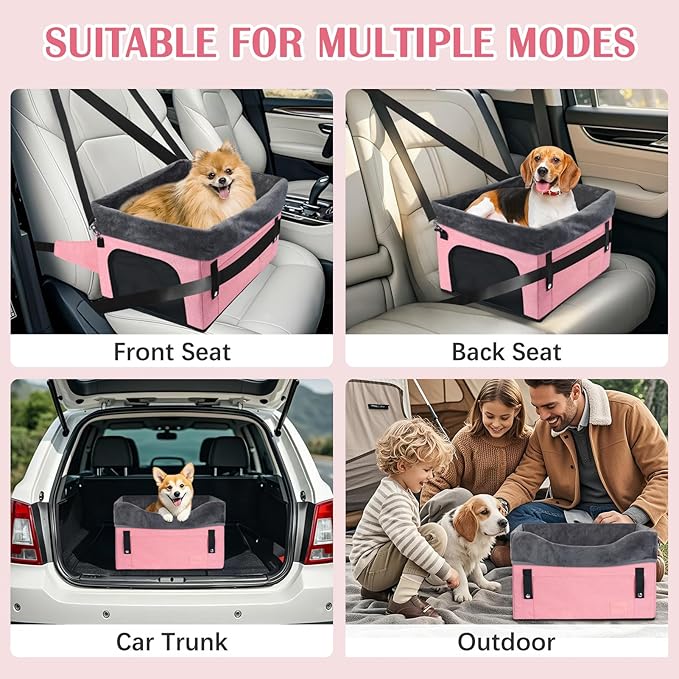 PetsHome Dog Car Seat for Small Dogs, Detachable Washable Dog Booster Car Seat with Storage Pocket, Breathable Mesh, Safety Leash, Adjustable Straps for Small Pets Up to 25lbs-Pink
