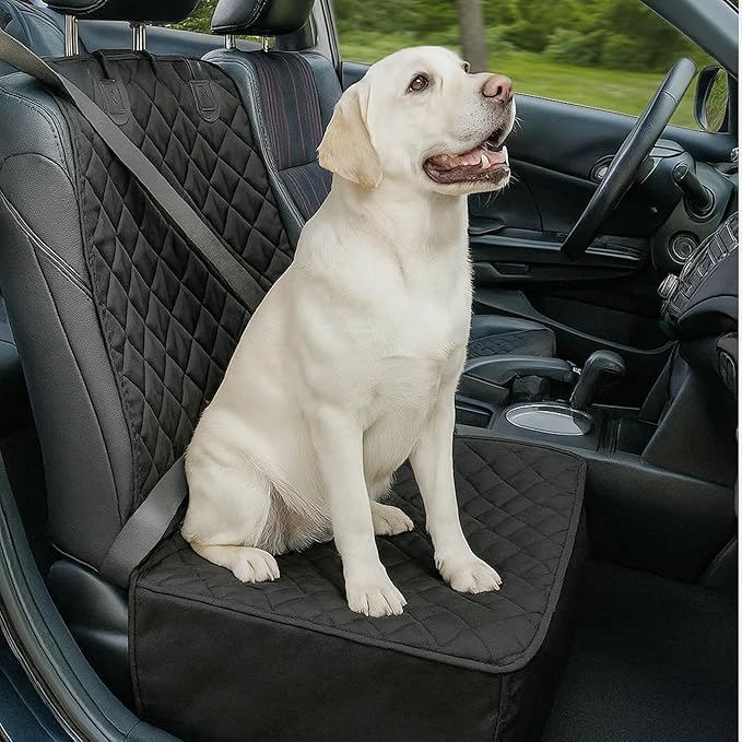 PAWISE Dog Front Seat Cover for Car,2-in-1 Full Protection Dog Car Seat Cover with Safety Belt, Waterproof Single Pet Seat Cover,Fits Trucks, SUVs, Jeep
