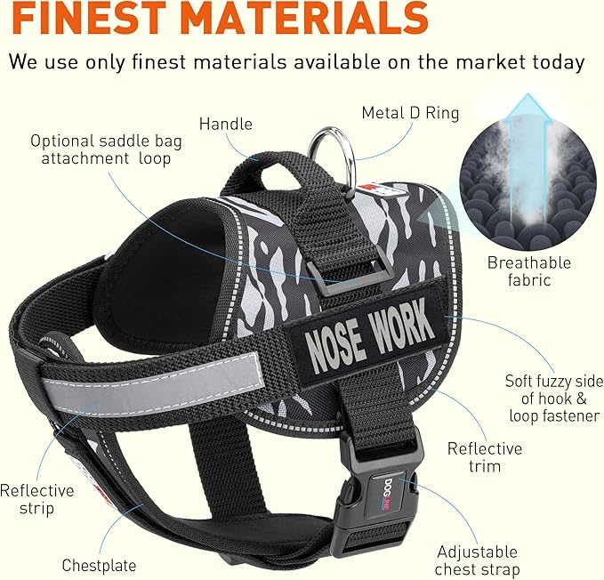 Dogline Unimax Dog Harness Vest with Nose Work Patches Reflective No-Pull, Adjustable Straps, Breathable Neoprene for Medical, Service, Identification and Training Dogs Girth 15 to 19" Zebra