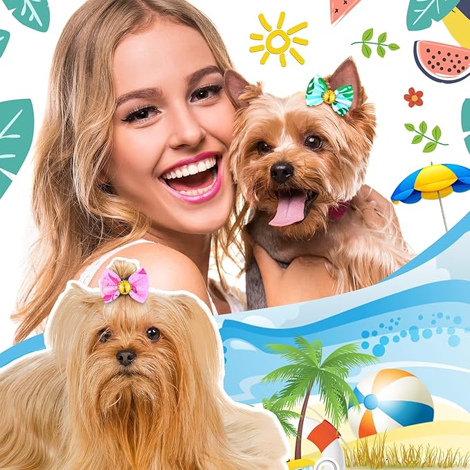 Tondiamo 100 Pack Summer Spring Dog Hair Bows with Rubber Bands Cute Puppy Bows for Dogs Spring Ear Bows Rhinestone Dog Hair Accessories Dog Bows Grooming for Small Girl Dogs