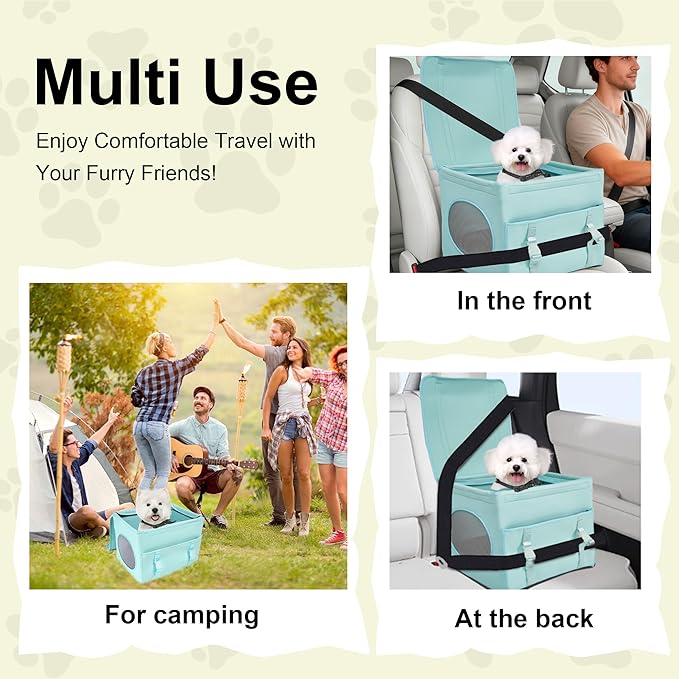 Dog Travel Seat, Pet Booster Seat for Small Dogs with Safety Tether Leash, Machine Washable, Durable and Keeps Shape, Breathable Mesh Sides, Storage Pocket in Front, Fits Car Truck SUV, Green