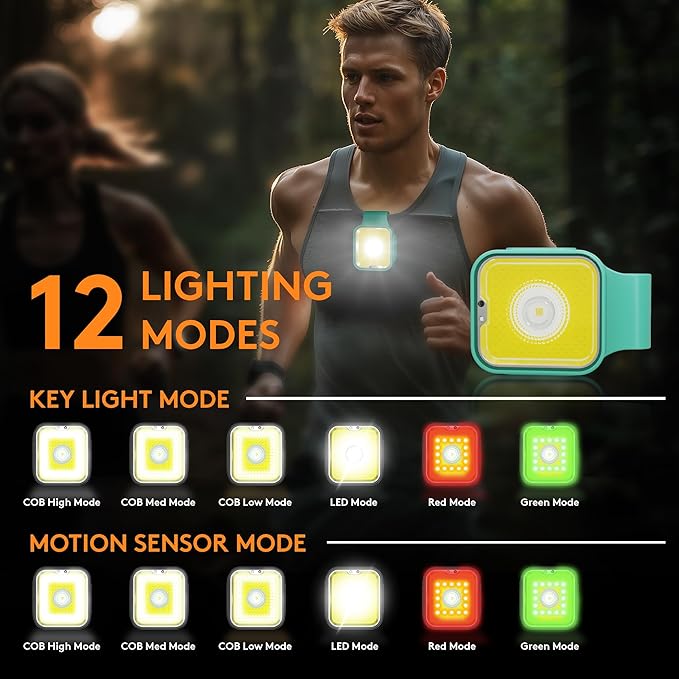 Yls Running Lights for Runners, Rechargeable Clip on Light with 12 Lighting Modes, LED Night Safety-Light for Walking, Camping, Hiking, Jogging, Outdoor Adventure, Green