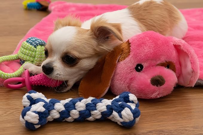 Puppy Play Mat - Pink for Small Breeds, 23'x20' Dog Mat with Detachable Teething Toys and Ropes