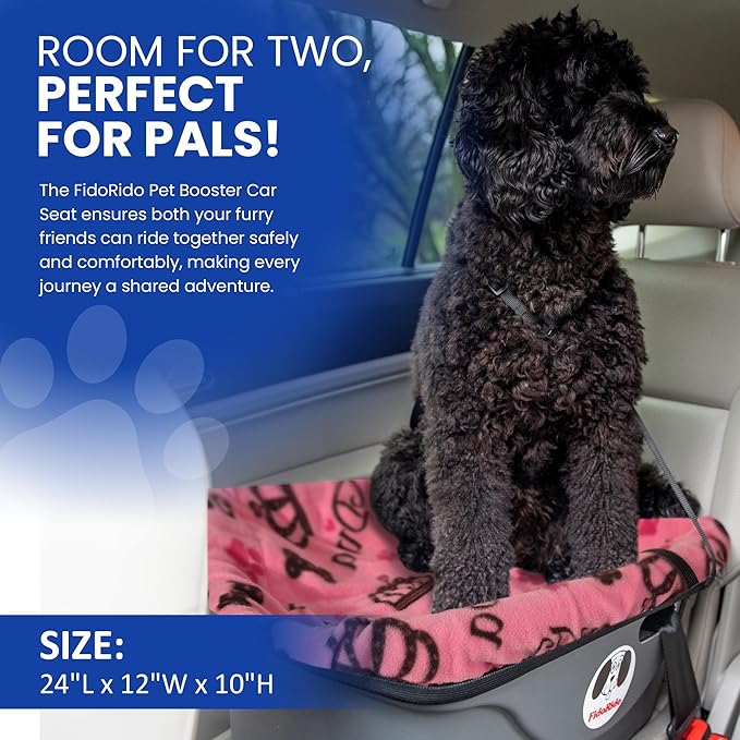 FidoRido Dog Car Seat - Pet Booster Seat for Small to Large Dogs with Comfortable Cushions, Sherpa Cover, and Safety Straps, Easy to Install, Ideal for Travel, Pink Diva - Large Harness