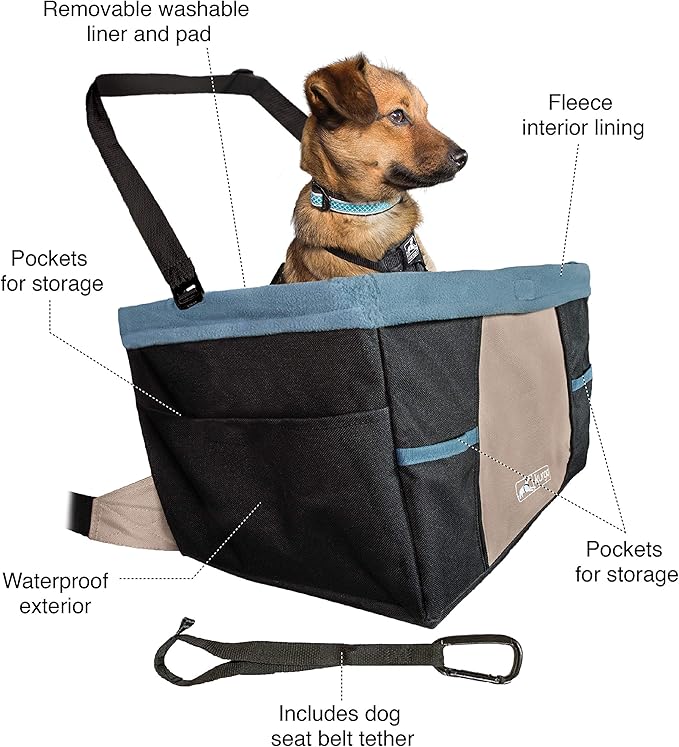 Kurgo Dog Booster Seat - Keeps Dogs Secure & Comfortable - Waterproof Exterior - Removable Washable Liner - Dog Car Seat with Harness Strap - Collapsible - Rover Style - Black/Blue