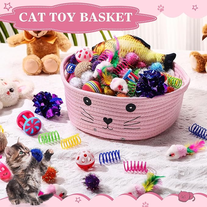Zopeal 58 Pcs Cat Storage Basket Gift Toys Set, Colorful Flashing Balls Pet Bell Crinkle Balls Spring Toys Attract Cat to Swat, Hunt, Interactive for Pet(Pink,9.8 Inch)