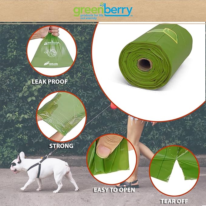 Greenbone BioBase Cat or Dog Poop Bags Rolls with Handle Tie, Large Leak Proof- 12 Rolls -144 refills