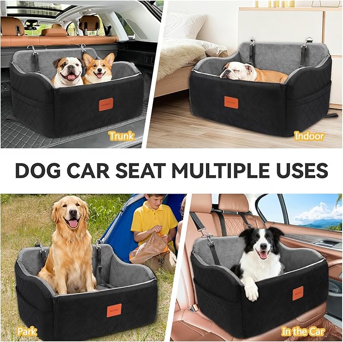 Dog Car Seat for Medium/Large Dogs, Memory Foam Pet Booster Seat for Under 55 lbs or 2 Small Dogs, Detachable Dog Car Bed for Backseat with 2 Safety Leashes and Pockets(Black/Grey, Large)